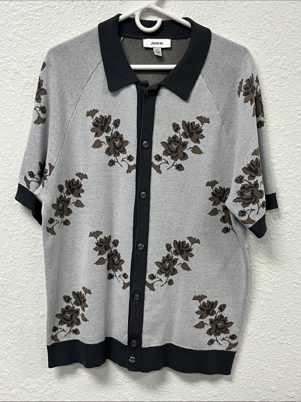 Jason Wu Light Gray and Black Floral Knit Button-Up Polo